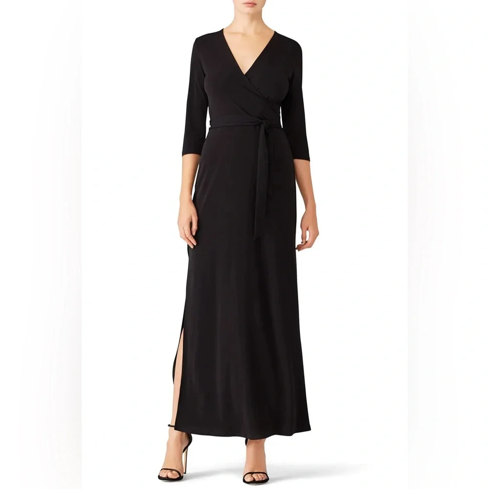 Leota Black Perfect Wrap Maxi 3/4 Sleeves Dress Medium - Picture 1 of 9